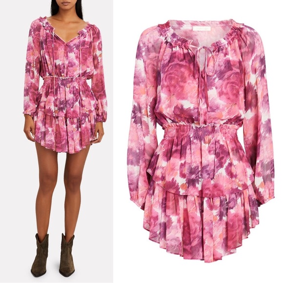 LoveShackFancy Dresses & Skirts - LOVESHACKFANCY Ruffled Popover Pink Purple Floral Silk Mini Dress L
